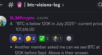 Vision log 1440 and VL 1441. Predictions "BTC is below 120K in July 2025, Genius Act. BTC top. Crypto boom. "BTC millionaires". More upside for BTC. Window of opportunity is drawing near. Wall Street are buying